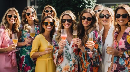 A group of stylish friends pose for a fun photo at a spring party,