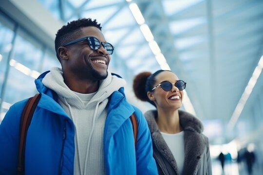 Happy couple of black tourists taking photos in the airport terminal. A black man with a wide smile in a blue jacket and a white sweatshirt with sunglasses is taking a photo with his girlfriend