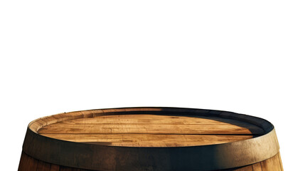 Old empty wooden oak barrel top for product placement with transparent background, frontal view, isolated. - obrazy, fototapety, plakaty