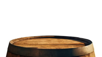 Old empty wooden oak barrel top for product placement with transparent background, frontal view, isolated.