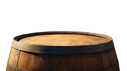 Old empty wooden oak barrel top for product placement with transparent background, frontal view, isolated.