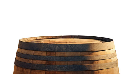 Old empty wooden oak barrel top for product placement with transparent background, frontal view, isolated.