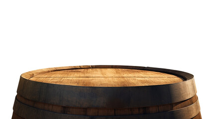 Fototapeta premium Old empty wooden oak barrel top for product placement with transparent background, frontal view, isolated.
