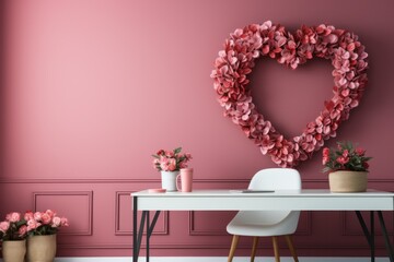 A minimalist office with a heart-shaped wreath and red and pink stationery provides