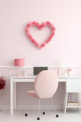 A minimalist office with a heart-shaped wreath and red and pink stationery provides