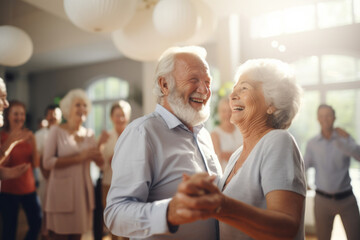 Cheerful retired husband and wife dancing and laughing at dance, happy romantic couple enjoy slow...