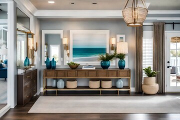 A transitional coastal entryway with a mix of classic and contemporary elements, showcasing a coastal-inspired console table and elegant lighting fixtures