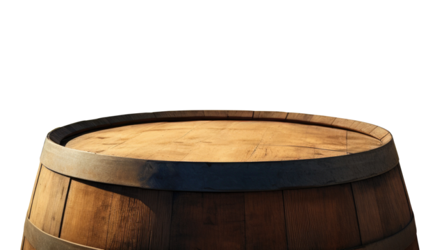 Old empty wooden oak barrel top for product placement with transparent background, frontal view, isolated.