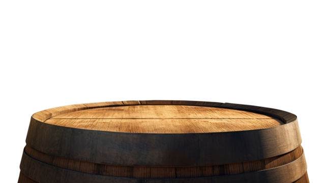 Old empty wooden oak barrel top for product placement with transparent background, frontal view, isolated.