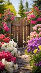 A picturesque spring garden with a rustic wooden gate and a variety of colorful flowers,