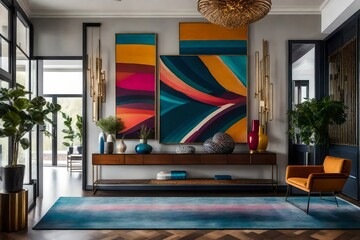 A contemporary eclectic foyer with abstract wall art, a sleek console table, and pops of bold colors in the decor