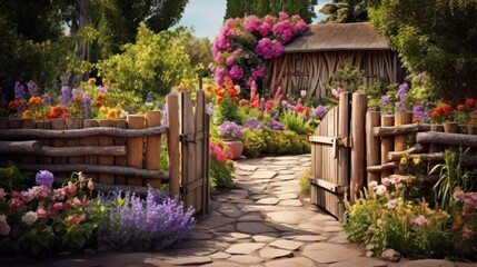 Obraz premium A picturesque spring garden with a rustic wooden gate and a variety of colorful flowers,