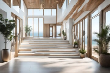 A modern coastal foyer with clean lines, neutral tones, and large windows allowing natural light to illuminate the space