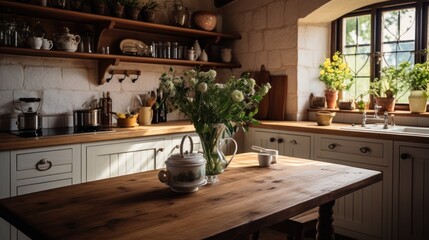 Fototapeta premium A rustic and inviting kitchen, complete with wooden countertops and vintage decor,