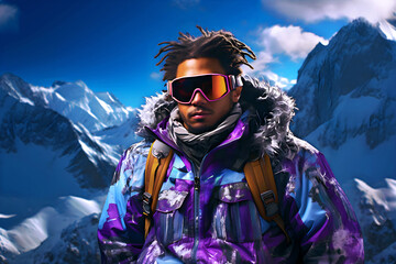Afro male man standing on a ski hill wearing ski goggles and a ski jacket with beautiful mountain view on background - obrazy, fototapety, plakaty