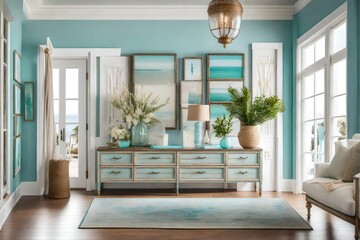 An elegant coastal foyer with a touch of shabby chic, showcasing distressed furniture, vintage...