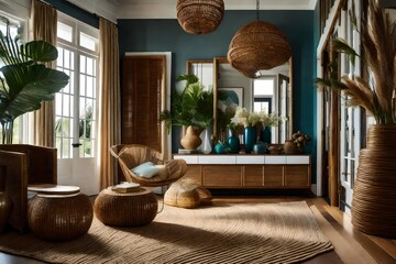 An eclectic beach house foyer blending various textures, from jute rugs to rattan furniture and shell-encrusted decor