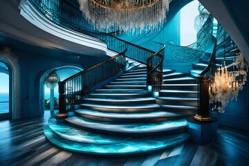 The entry of a seaside manor showcasing a spiral staircase, ocean-inspired artwork, and a cascading chandelier resembling crashing waves