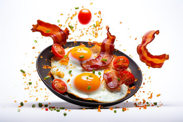 A plate with fried eggs and flying bacon, tomatoes and drops of butter circling around. Concept on the theme of a protein-rich breakfast.
