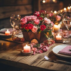 Naklejka na ściany i meble A rustic wooden table adorned with red and pink flowers,