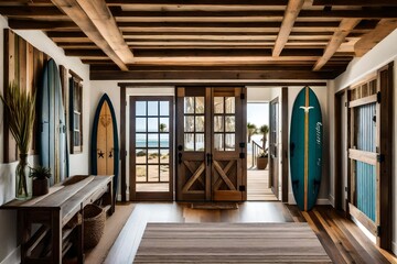 Fototapeta na wymiar A coastal farmhouse entryway with barn-style doors, reclaimed wood accents, and a vintage surfboard as wall art