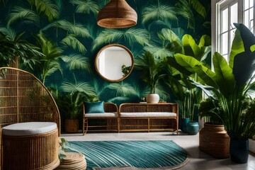 A tropical coastal foyer with palm leaf wallpaper, rattan furniture, and a burst of color through floral arrangements