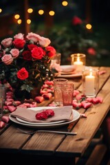 Obraz na płótnie Canvas A rustic wooden table adorned with red and pink flowers,
