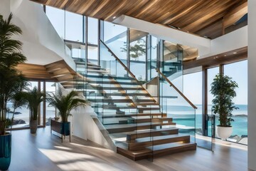 A contemporary coastal foyer with a floating staircase, glass railings, and subtle maritime artwork adorning the walls