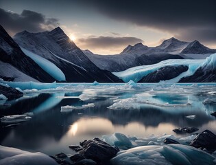 Northern lights in the mountains. Not far from the river. Generative AI.