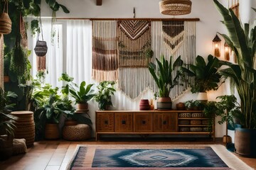 A Bohemian-inspired entryway with layered rugs, macram?(C) wall hangings, and a mix of plant varieties for a lively atmosphere