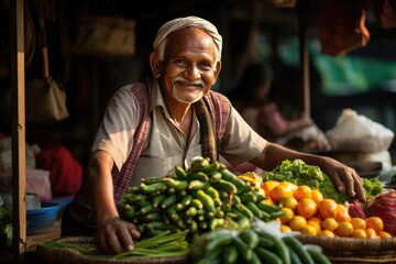 Vibrant Life Unveiled: A spirited street vendor, donned in traditional attire, peddling a kaleidoscope of produce in a lively open-air market. - obrazy, fototapety, plakaty