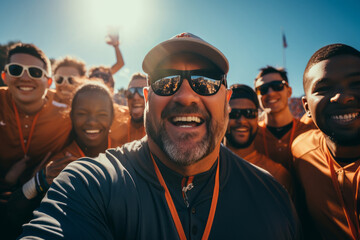 A cheerful, happy coach with a beard and glasses takes a selfie with his teenage students. The concept of sport, friendship and healthy lifestyle. Group of happy people taking selfie outdoors. A group