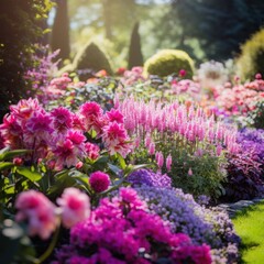 A stunning spring garden with vibrant pink and purple flowers in full bloom,