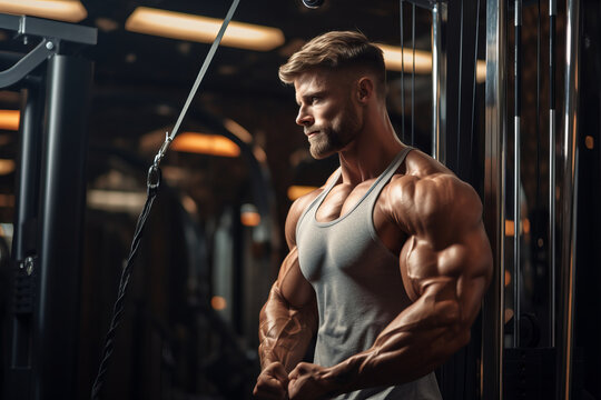 Young athlete training in the gym, side view, copy space. Male shirtless bodybuilder with big muscles exercising in a modern gym.generative ai
