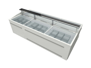 Empty supermarket and grocery stores commercial freezer, Island freezer, or horizontal chest freezer, used for displaying and storing frozen food items. glass top. 3d rendering illustration