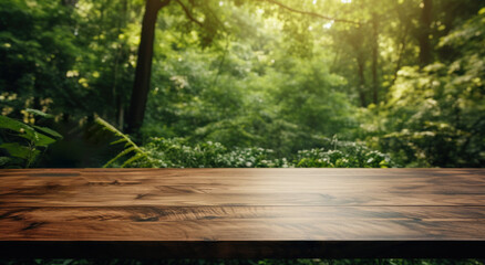 a wooden table in the green forest,