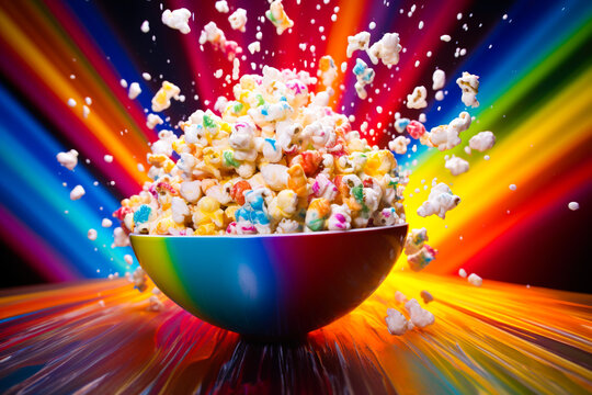 Bowl with flying popcorn on a rainbow background.