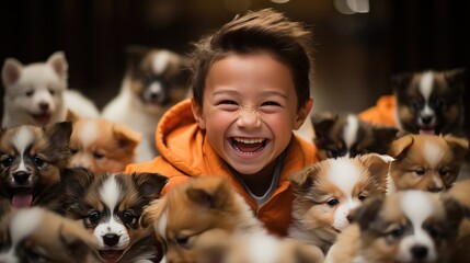 A young boy grins with excitement as he plays with a playful and energetic litter of puppies.