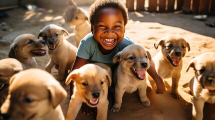 A young boy grins with excitement as he plays with a playful and energetic litter of puppies. - obrazy, fototapety, plakaty