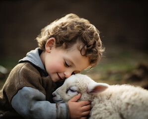 A young boy softly strokes the downy fur of a baby lamb nestled contentedly on his lap.