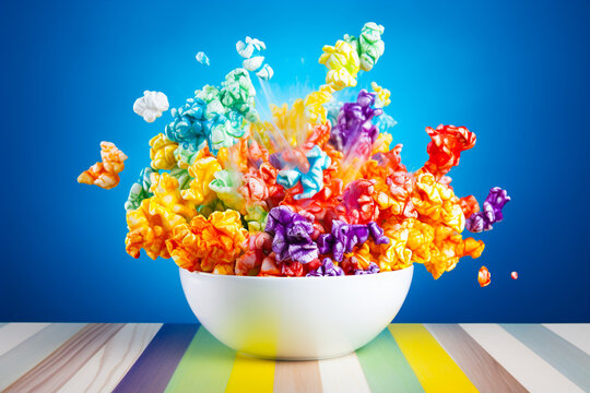 Bowl with flying rainbow popcorn on a bright background.