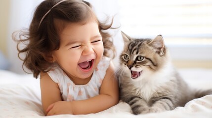 An adorable toddler giggles with delight as she snuggles a fuzzy little kitten in her arms.