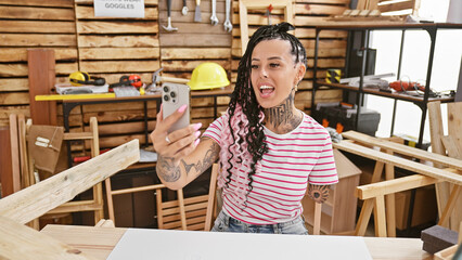 Smiling hispanic amputee woman, a talented carpenter, joyfully engages in a video call while indoors at her lively carpentry workshop