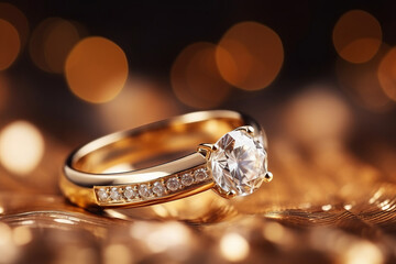 Beautiful gold engagement ring with a large diamond on a beautiful gold background with bokeh, close up view.generative ai