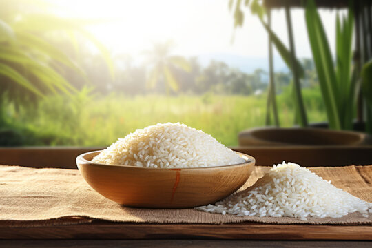 Beautiful background with white rice. White rice in a wooden bowl on the background of a field with sun rays, empty space for text.generative ai