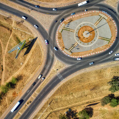 aerial view top down of Gaborone traffic at a circle