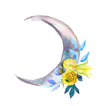 Full moon and flowers. Watercolor hand painted lunar concept illustration. Moon phase design. Night clipart.