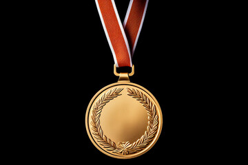Gold medal on red ribbon isolated on black background, winning theme.generative ai