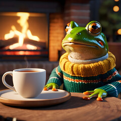 It's the perfect scene for a cozy winter night. The frog is contentedly sipping tea, wearing a warm sweater. He's by the fireplace, where the flames are crackling and providing a cozy ambiance. It's a - obrazy, fototapety, plakaty