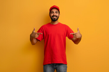 Confident indian delivery man in red uniform and cap pointing at himself
